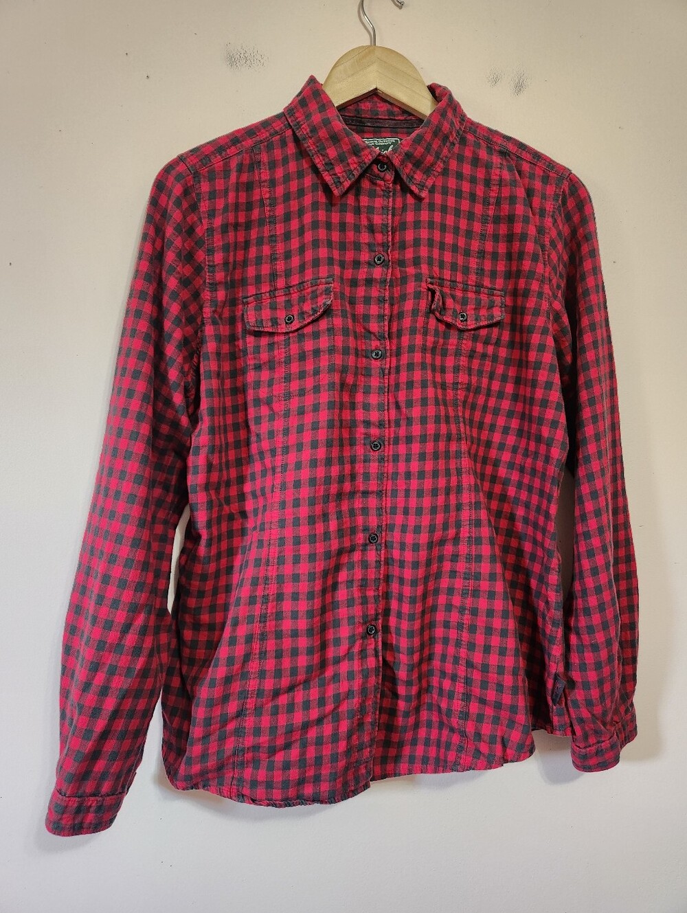 Woolrich Red Black Check Cotton Flannel Button Down Back Slit Shirt L Cabincore